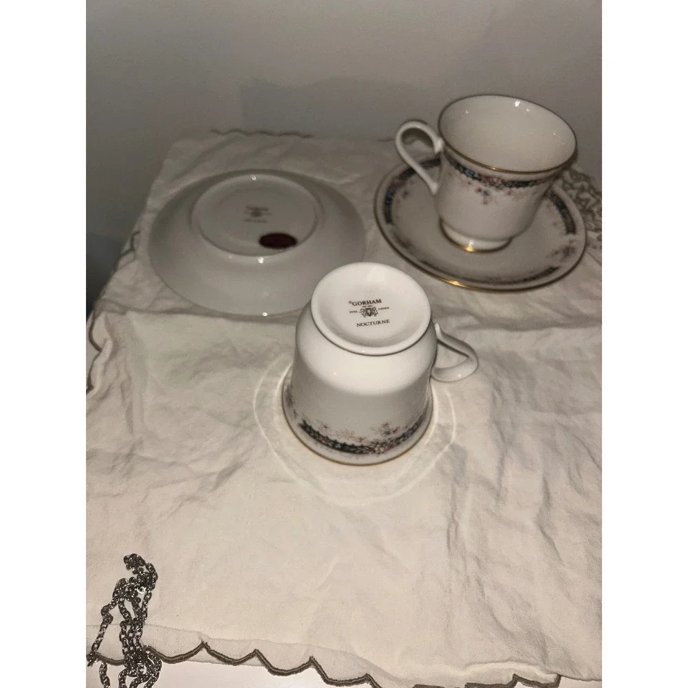 Gorham Nocturne Fine China Tea Cup and Saucer Set 24KT Gold Trim Japan 2 Sets